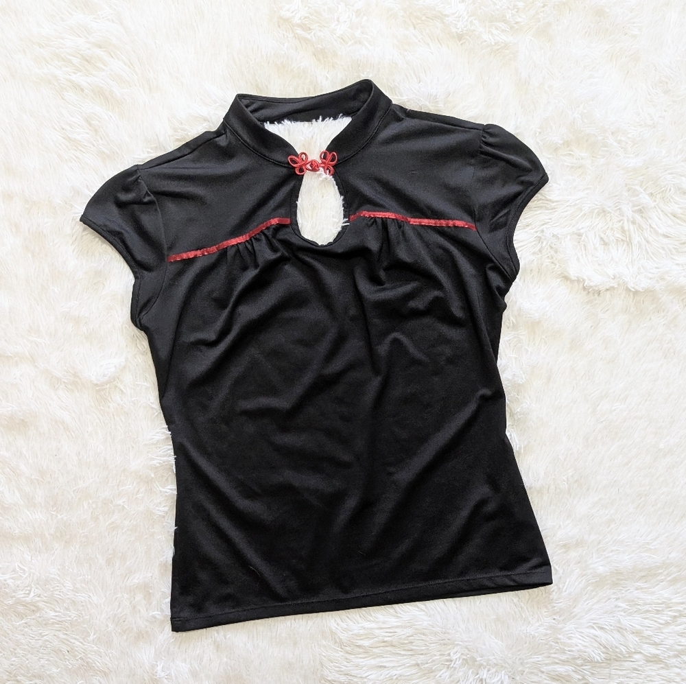 Y2K Vintage Morbid Threads Black Open Back Goth Cheongsam Trim Keyhole Top Large